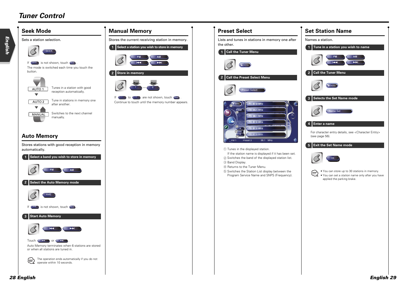 Tuner control, Seek mode, Preset select | Set station name, English 28 english, English 29 | Kenwood KVT-915DVD User Manual | Page 15 / 57