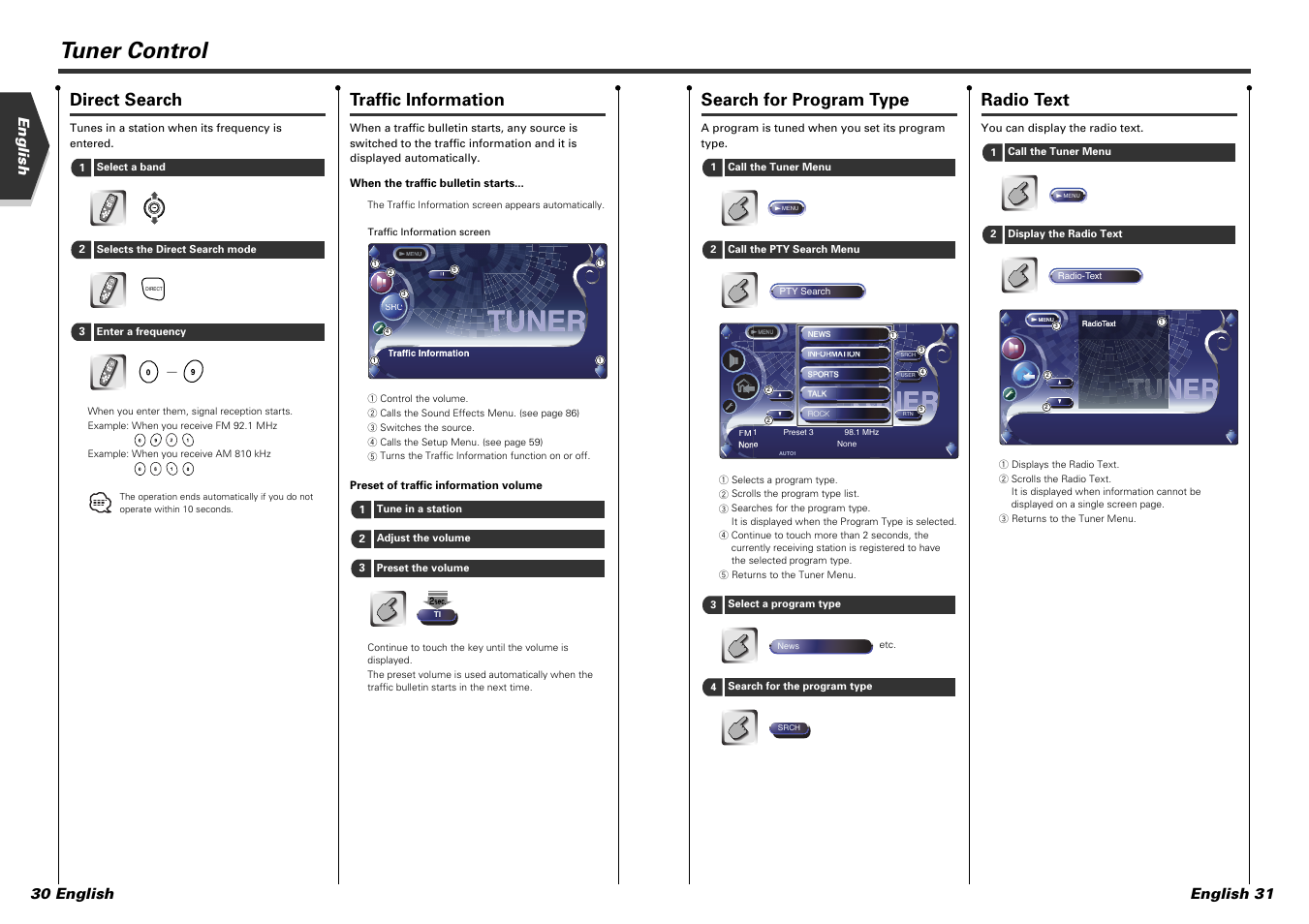 Tuner control, Radio text, Search for program type | Direct search, Traffic information, English 31, English 30 english | Kenwood KVT-915DVD User Manual | Page 16 / 57