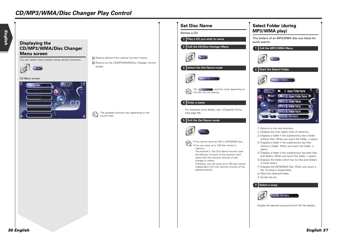 Cd/mp3/wma/disc changer play control, Set disc name, Select folder (during mp3/wma play) | Displaying the cd/mp3/wma/disc changer menu screen, English 36 english english 37 | Kenwood KVT-915DVD User Manual | Page 19 / 57