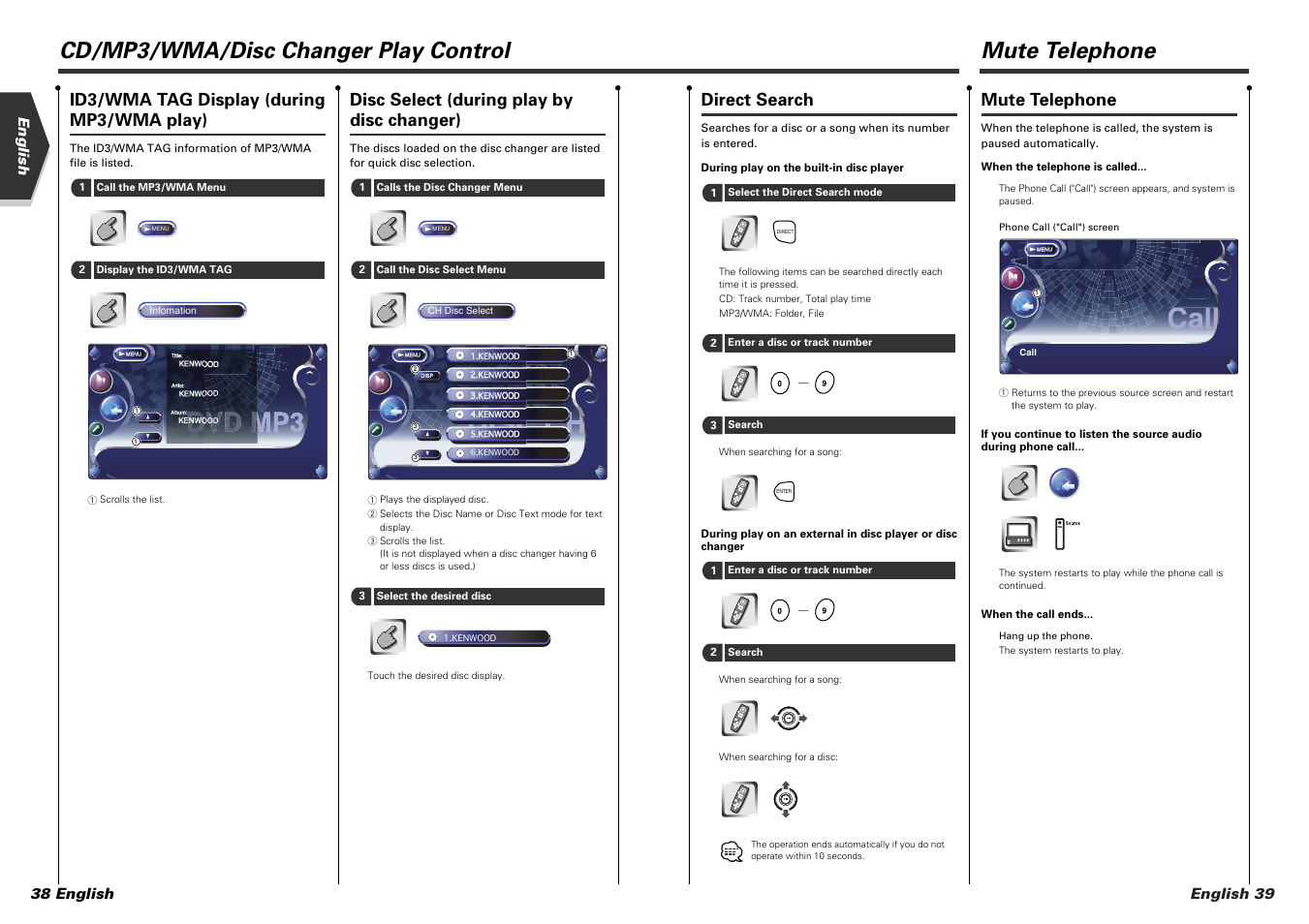 Call, Cd/mp3/wma/disc changer play control, Mute telephone | Direct search, Id3/wma tag display (during mp3/wma play), Disc select (during play by disc changer) | Kenwood KVT-915DVD User Manual | Page 20 / 57