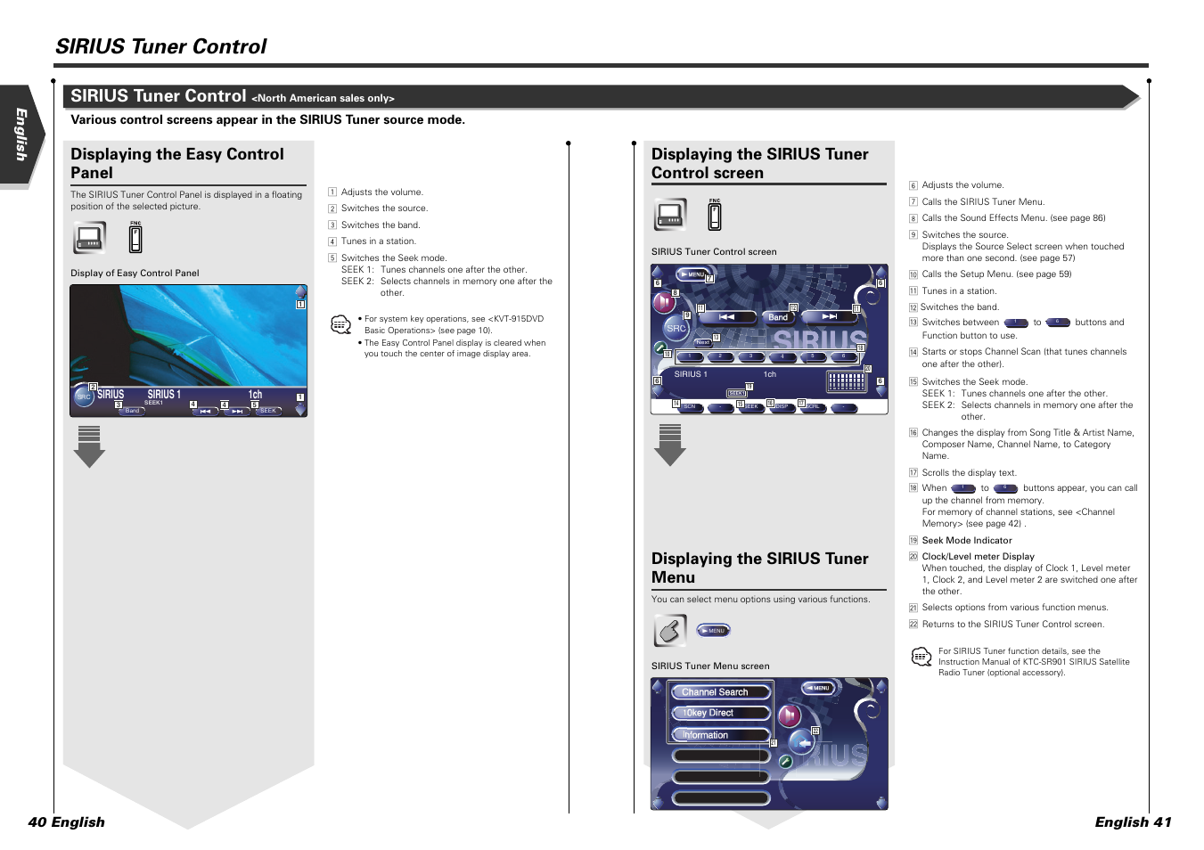 Sirius tuner control, Displaying the sirius tuner control screen, Displaying the sirius tuner menu | Displaying the easy control panel, English english 41 40 english | Kenwood KVT-915DVD User Manual | Page 21 / 57