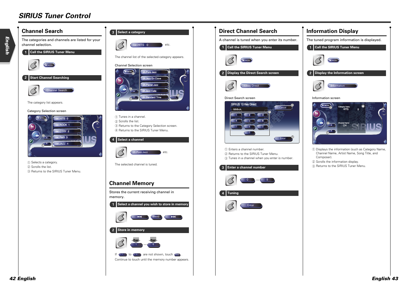 Sirius tuner control, Direct channel search, Information display | Channel search, English english 43 42 english | Kenwood KVT-915DVD User Manual | Page 22 / 57