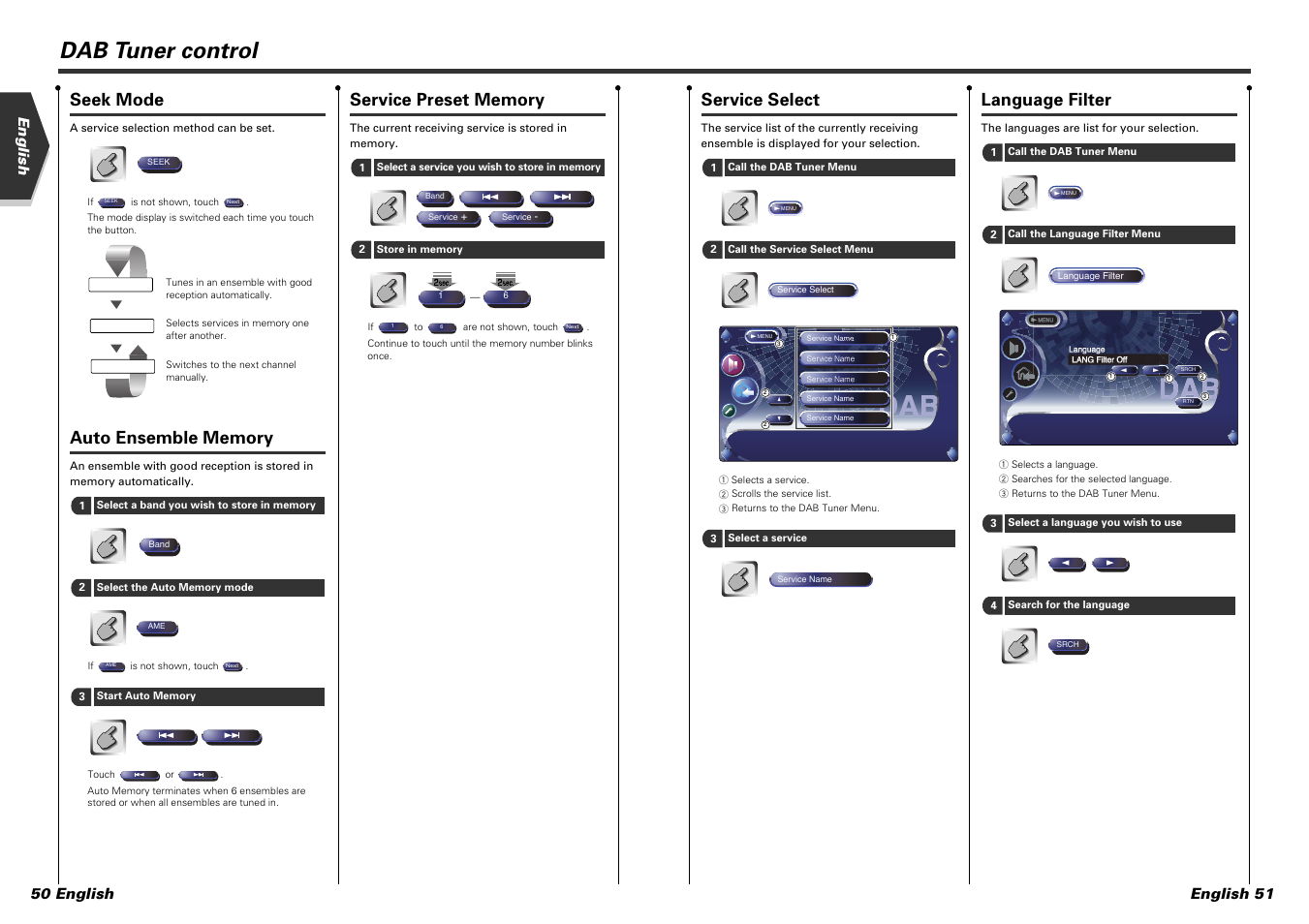 Dab tuner control, Service select, Language filter | Seek mode, English english 51 50 english | Kenwood KVT-915DVD User Manual | Page 26 / 57