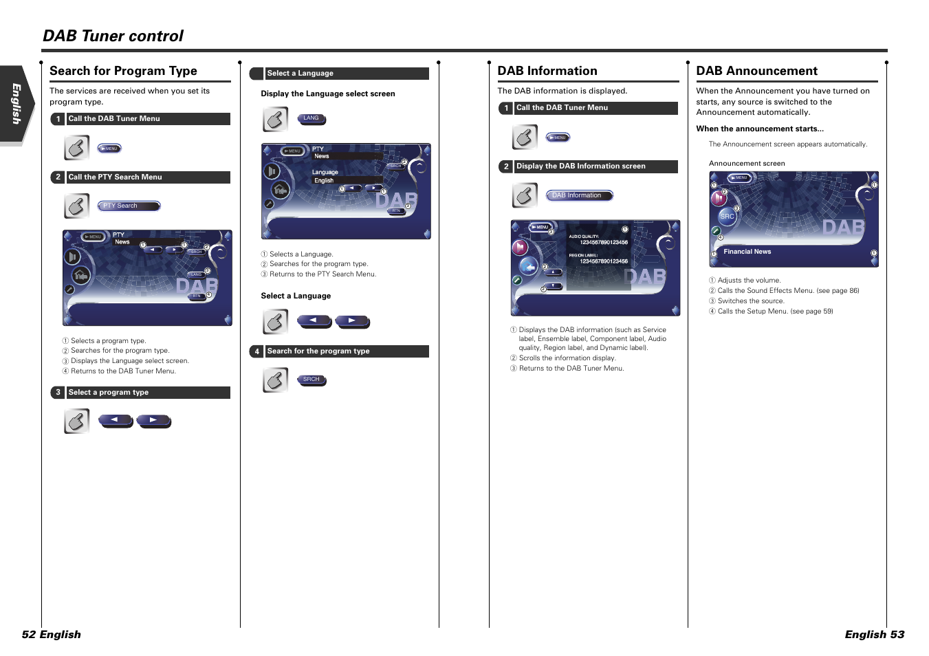 Dab tuner control, Dab announcement, Dab information | Search for program type, English english 53 52 english | Kenwood KVT-915DVD User Manual | Page 27 / 57