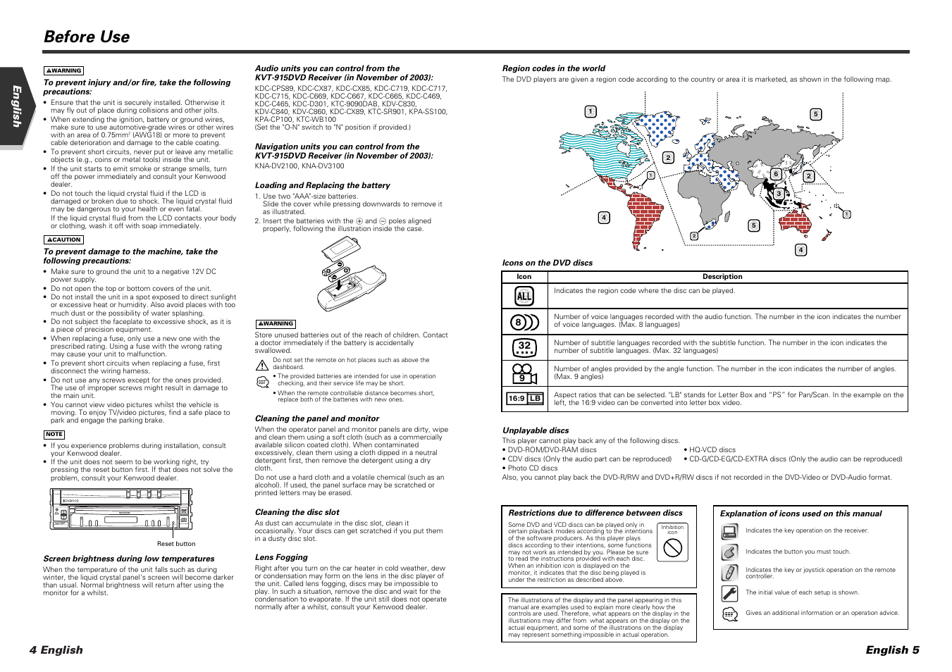 Before use, 4 english english, English 5 | Kenwood KVT-915DVD User Manual | Page 3 / 57