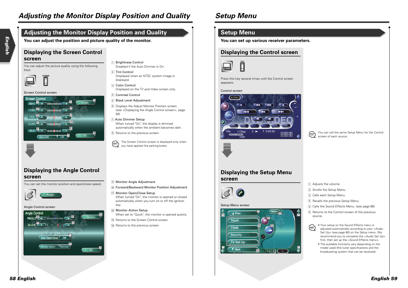 Setup menu, Adjusting the monitor display position and quality, Displaying the control screen | Displaying the setup menu screen, Displaying the screen control screen, Displaying the angle control screen, English 58 english, English 59 | Kenwood KVT-915DVD User Manual | Page 30 / 57