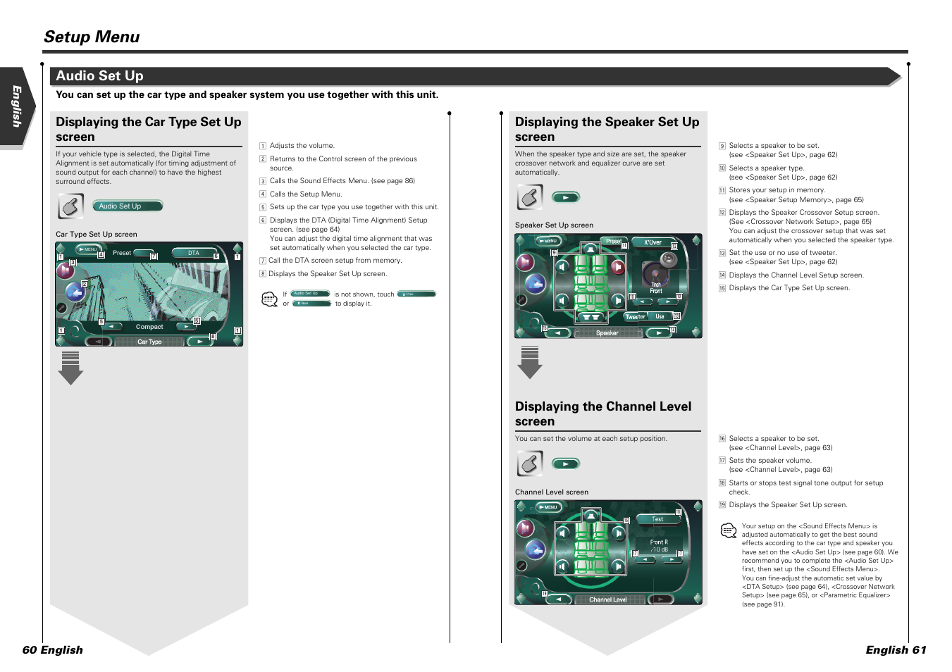 Setup menu, Audio set up, Displaying the speaker set up screen | Displaying the channel level screen, Displaying the car type set up screen, English english 61 60 english | Kenwood KVT-915DVD User Manual | Page 31 / 57