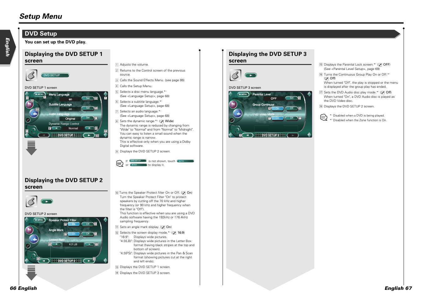 Setup menu, Dvd setup, Displaying the dvd setup 1 screen | Displaying the dvd setup 2 screen, Displaying the dvd setup 3 screen, English english 67 66 english, You can set up the dvd play | Kenwood KVT-915DVD User Manual | Page 34 / 57