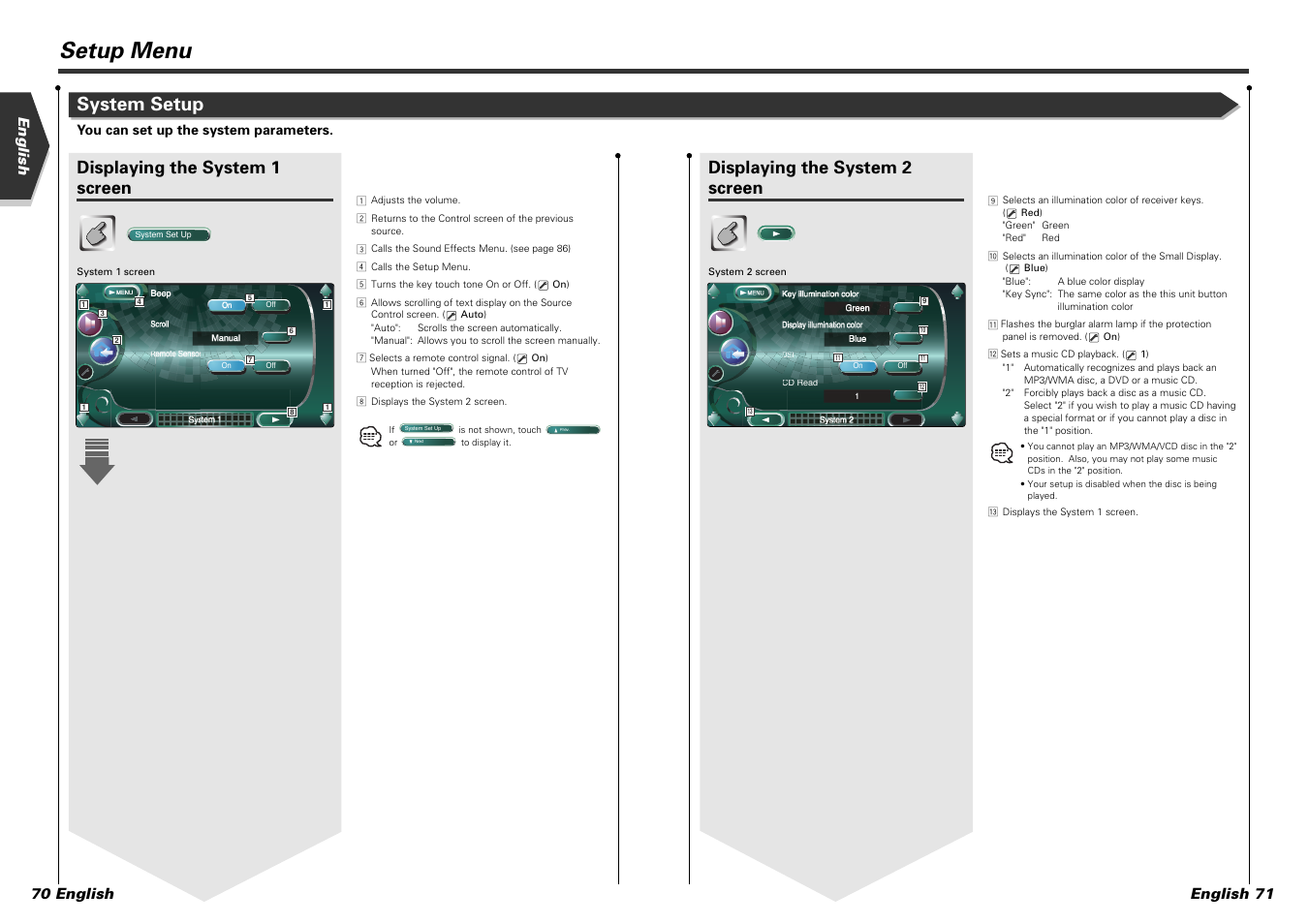 Setup menu, System setup, Displaying the system 1 screen | Displaying the system 2 screen, English english 71 70 english | Kenwood KVT-915DVD User Manual | Page 36 / 57