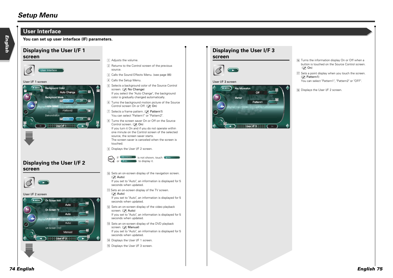 Setup menu, User interface, Displaying the user i/f 1 screen | Displaying the user i/f 2 screen, Displaying the user i/f 3 screen, English english 75 74 english | Kenwood KVT-915DVD User Manual | Page 38 / 57