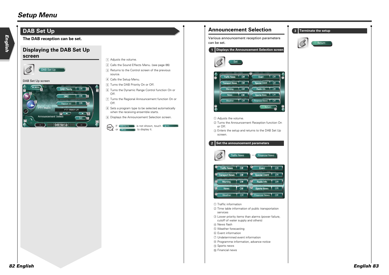 Setup menu, Dab set up, Announcement selection | Displaying the dab set up screen, English 82 english english 83, The dab reception can be set | Kenwood KVT-915DVD User Manual | Page 42 / 57