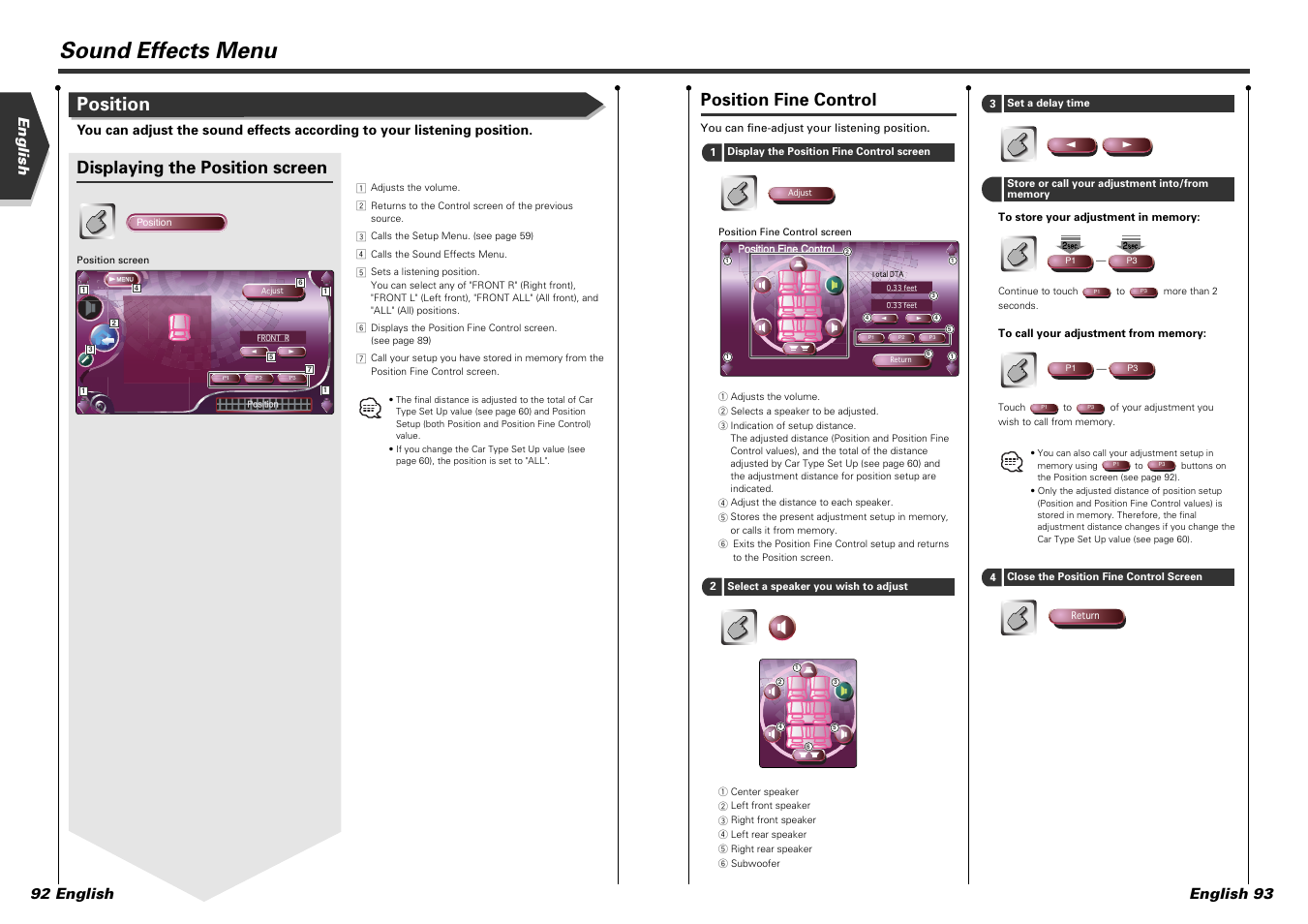 Sound effects menu, Position, Position fine control | Displaying the position screen, English 92 english english 93 | Kenwood KVT-915DVD User Manual | Page 47 / 57