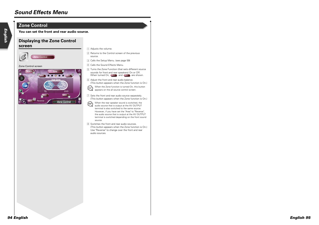 Sound effects menu, Zone control, Displaying the zone control screen | English 94 english english 95 | Kenwood KVT-915DVD User Manual | Page 48 / 57