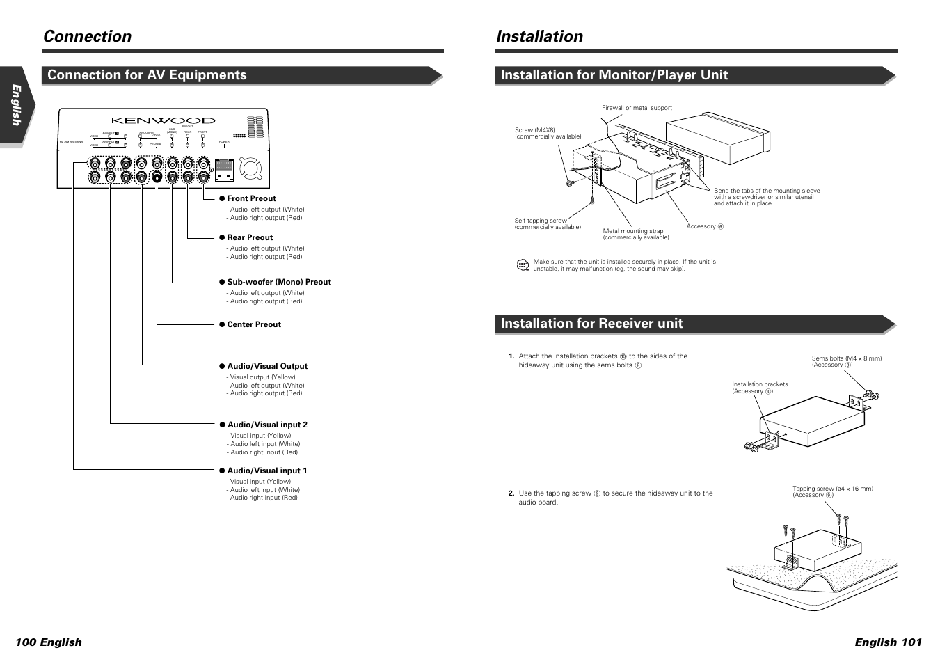 Installation, Connection, Connection for av equipments | Kenwood KVT-915DVD User Manual | Page 51 / 57