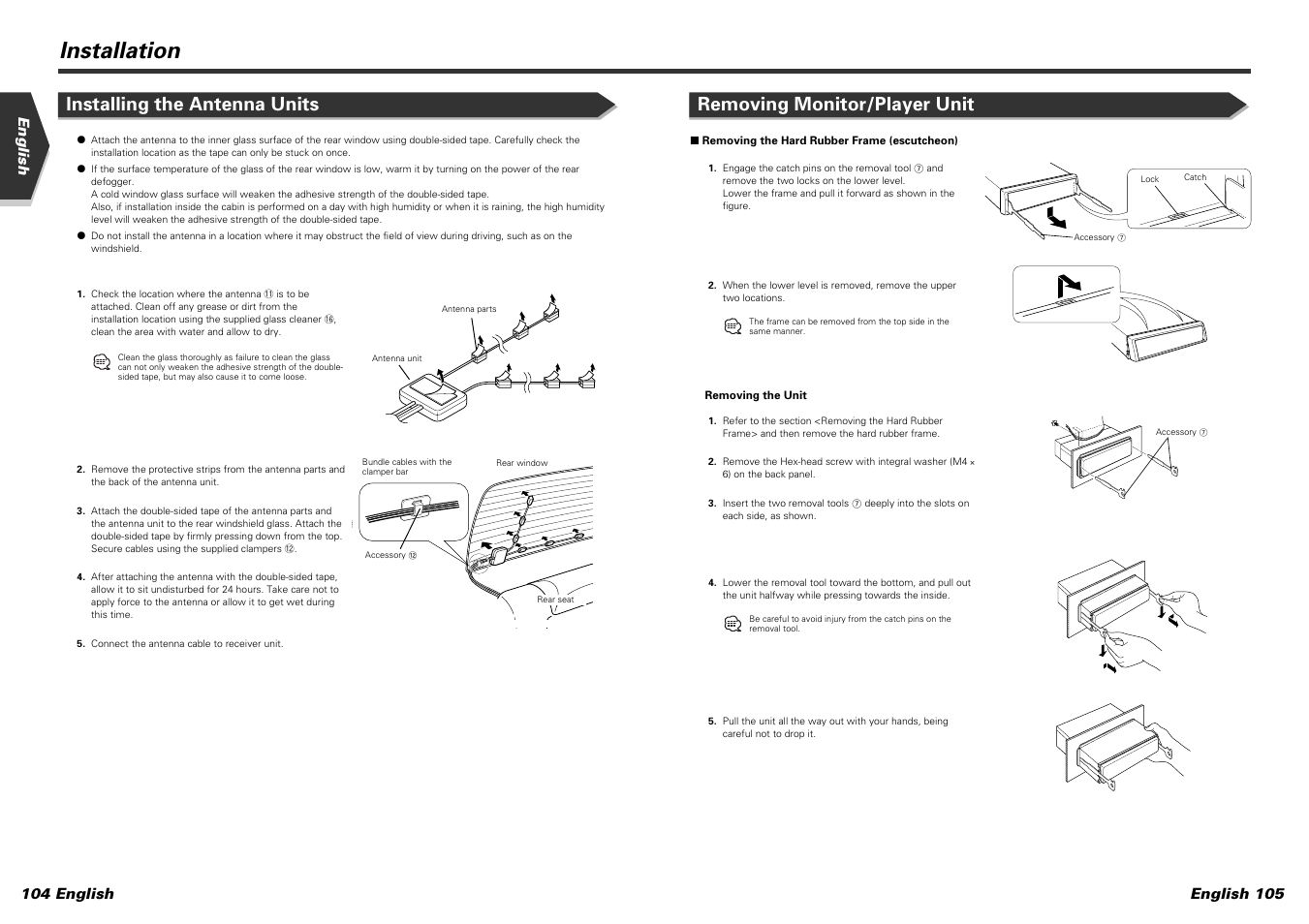 Installation, Removing monitor/player unit, Installing the antenna units | Kenwood KVT-915DVD User Manual | Page 53 / 57