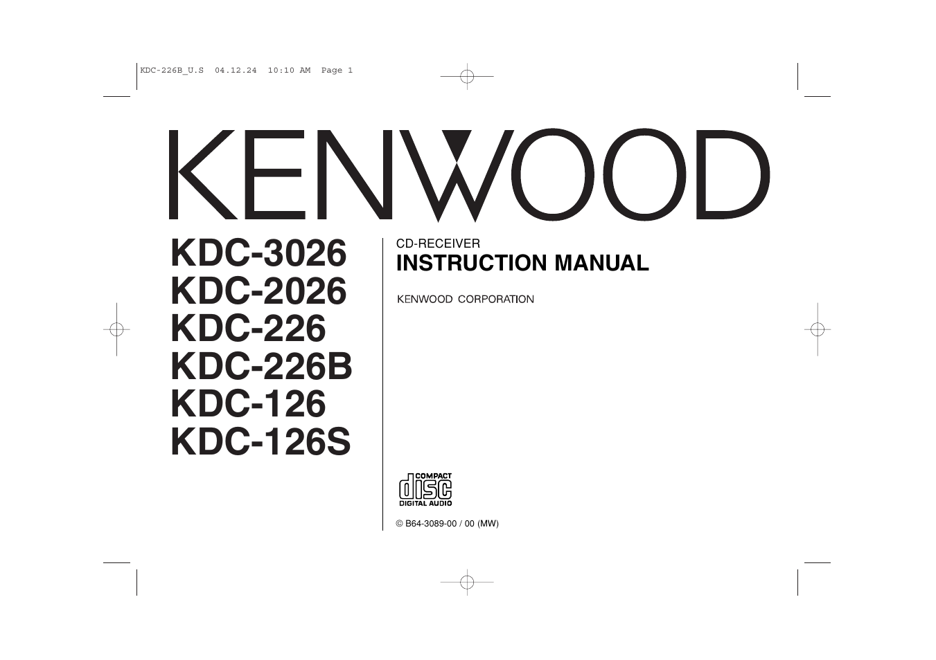 Kenwood CD-RECEIVER KDC-126 User Manual | 20 pages