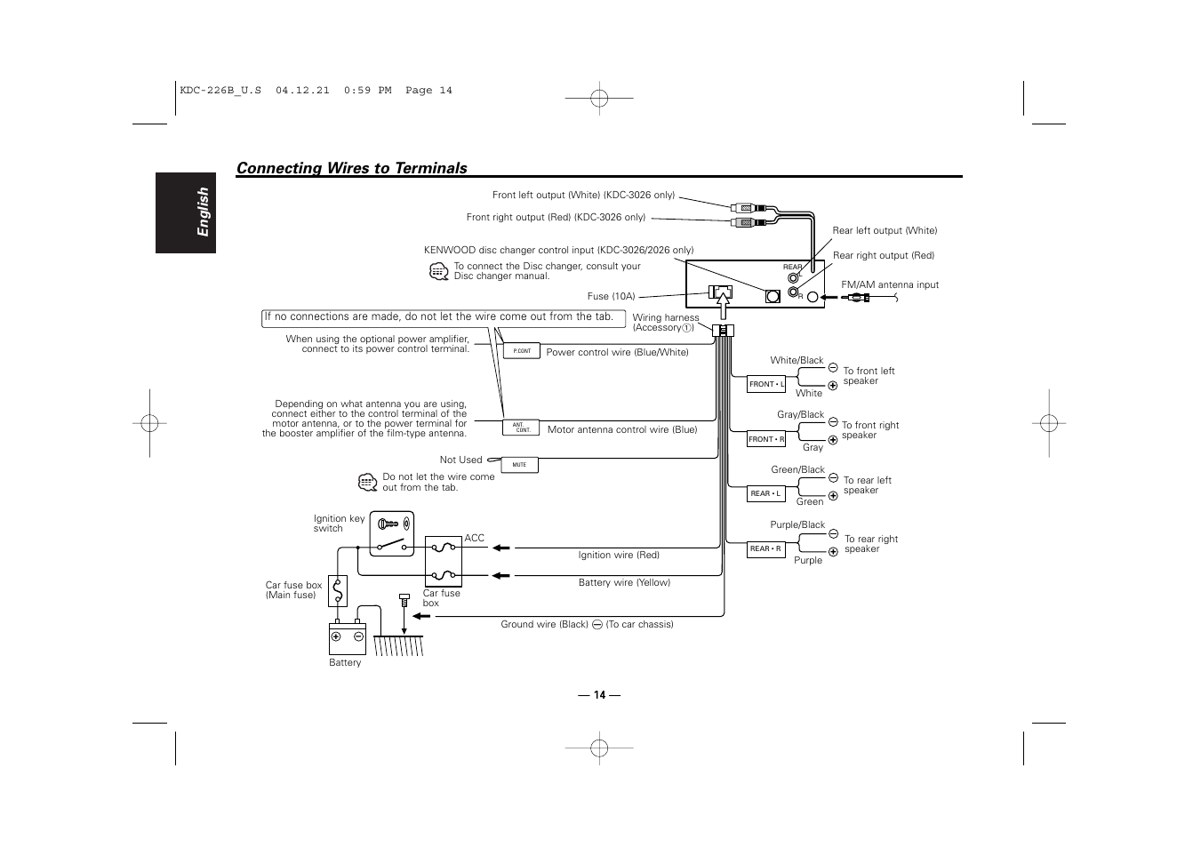 Connecting wires to terminals, English | Kenwood CD-RECEIVER KDC-126 User Manual | Page 14 / 20