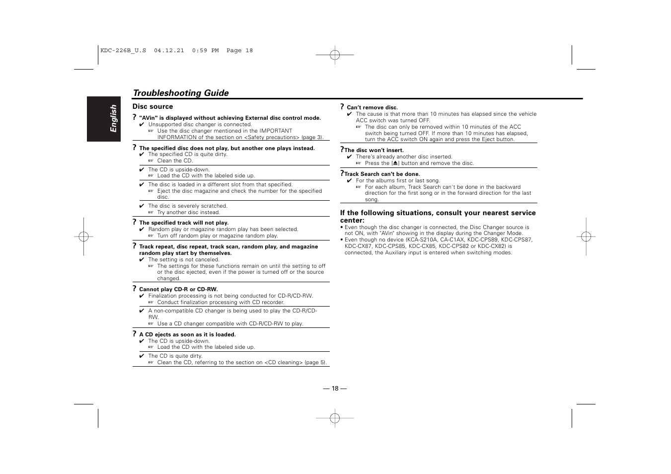 Troubleshooting guide | Kenwood CD-RECEIVER KDC-126 User Manual | Page 18 / 20