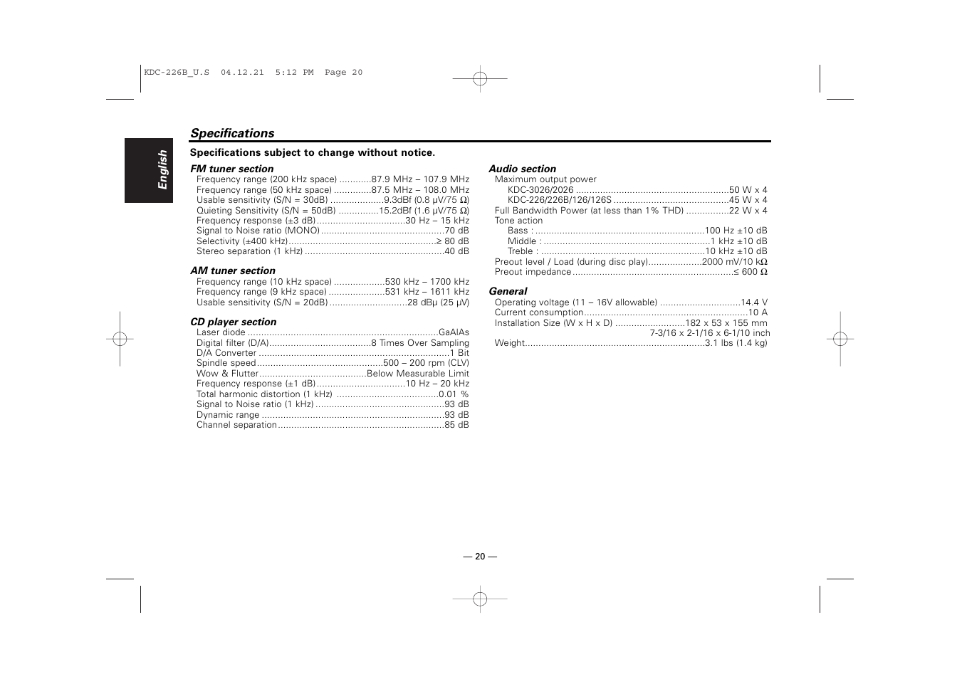 Kenwood CD-RECEIVER KDC-126 User Manual | Page 20 / 20