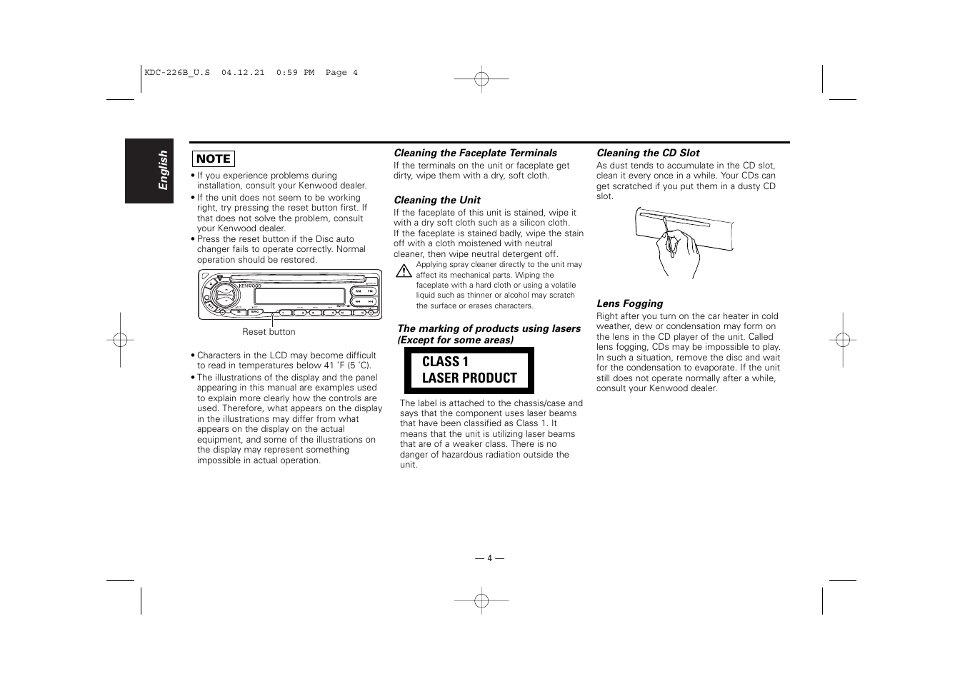 Kenwood CD-RECEIVER KDC-126 User Manual | Page 4 / 20