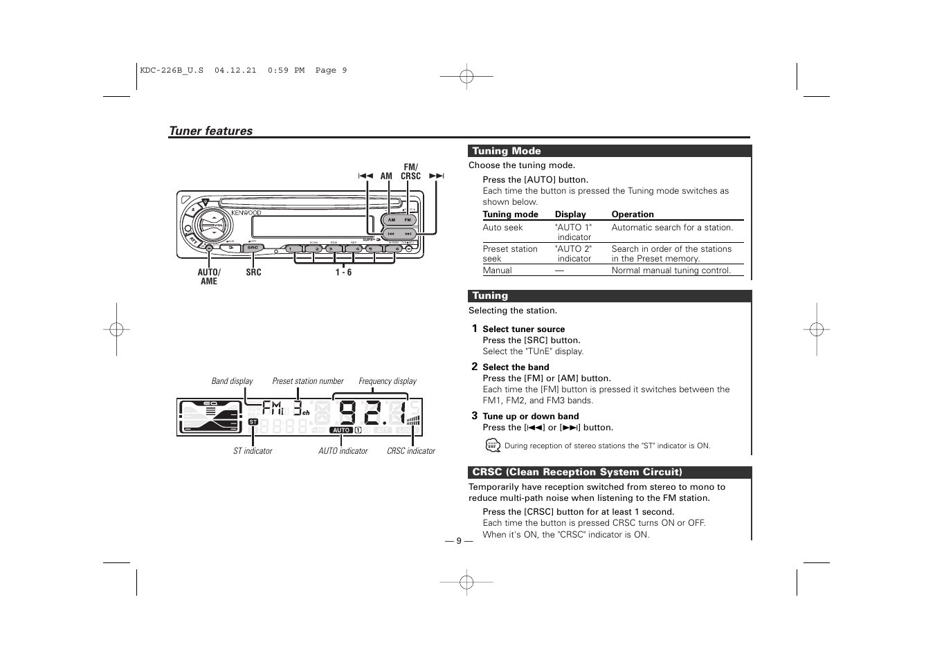 Tuner features | Kenwood CD-RECEIVER KDC-126 User Manual | Page 9 / 20