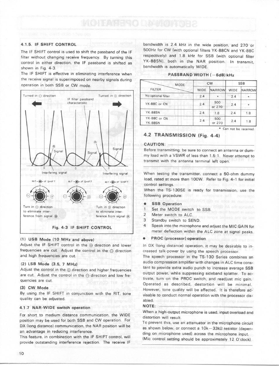 If shift control, 1) usb mode (10 mhz and above), 2) lsb mode (3.5, 7 mhz) | 3) cw mode, 7 nar-wide switch operation, Passband width (-6db) khz, 4,2 transmission (fig. 4-4), Caution, Ssb operation, Note | Kenwood TS-130SE User Manual | Page 10 / 31