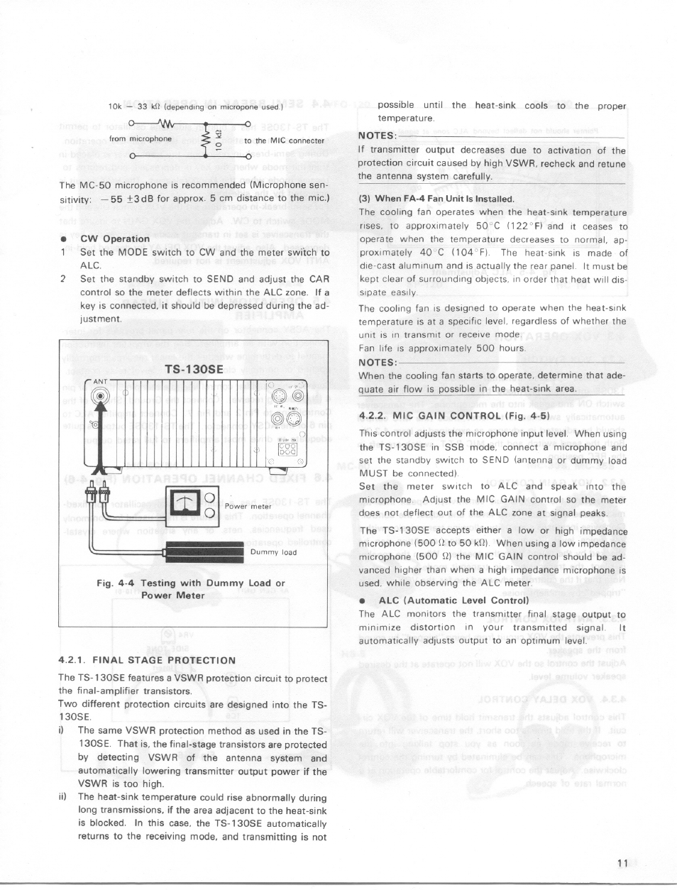 Cw operation, Ts-130se, Fig. 4-4 testing with dummy load or power meter | Final stage protection, Notes, 3) when fa-4 fan unit is installed, Mic gain control (fig. 4-5), Alc (automatic level control) | Kenwood TS-130SE User Manual | Page 11 / 31