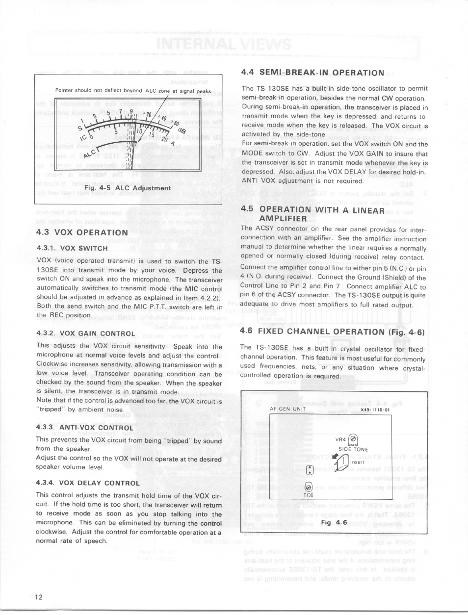 3 vox operation, Vox switch, Vox gain control | Anti-vox control, Vox delay control, 4 semi-break-in operation, 5 operation with a linear amplifier, 6 fixed channel operation (fig. 4-6), Vox operation, Semi-break-in operation | Kenwood TS-130SE User Manual | Page 12 / 31
