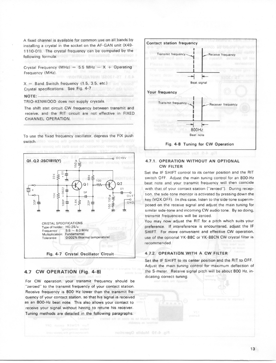 Note, 7 cw operation (fig. 4-8), Fig. 4-8 tuning for cw operation | Operation without an optional cw filter, Operation with a cw filter | Kenwood TS-130SE User Manual | Page 13 / 31
