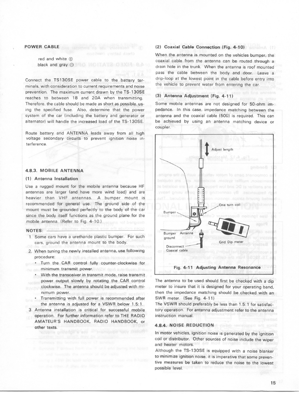 Power cable, Mobile antenna, 1) antenna installation | Notes, 2) coaxial cable connection (fig. 4-10), 3) antenna adjustment (fig. 4-11), Noise reduction | Kenwood TS-130SE User Manual | Page 15 / 31