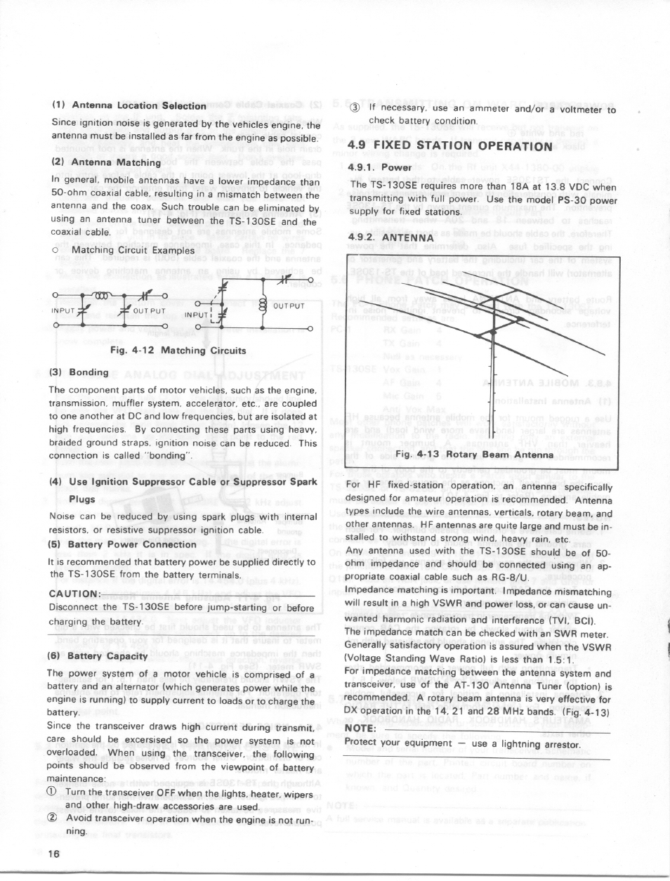 1) antenna location selection, 2) antenna matching, Fig. 4-12 matching circuits | 3) bonding, Caution, 6) battery capacity, 9 fixed station operation, Power, Note, Fixed station operation | Kenwood TS-130SE User Manual | Page 16 / 31