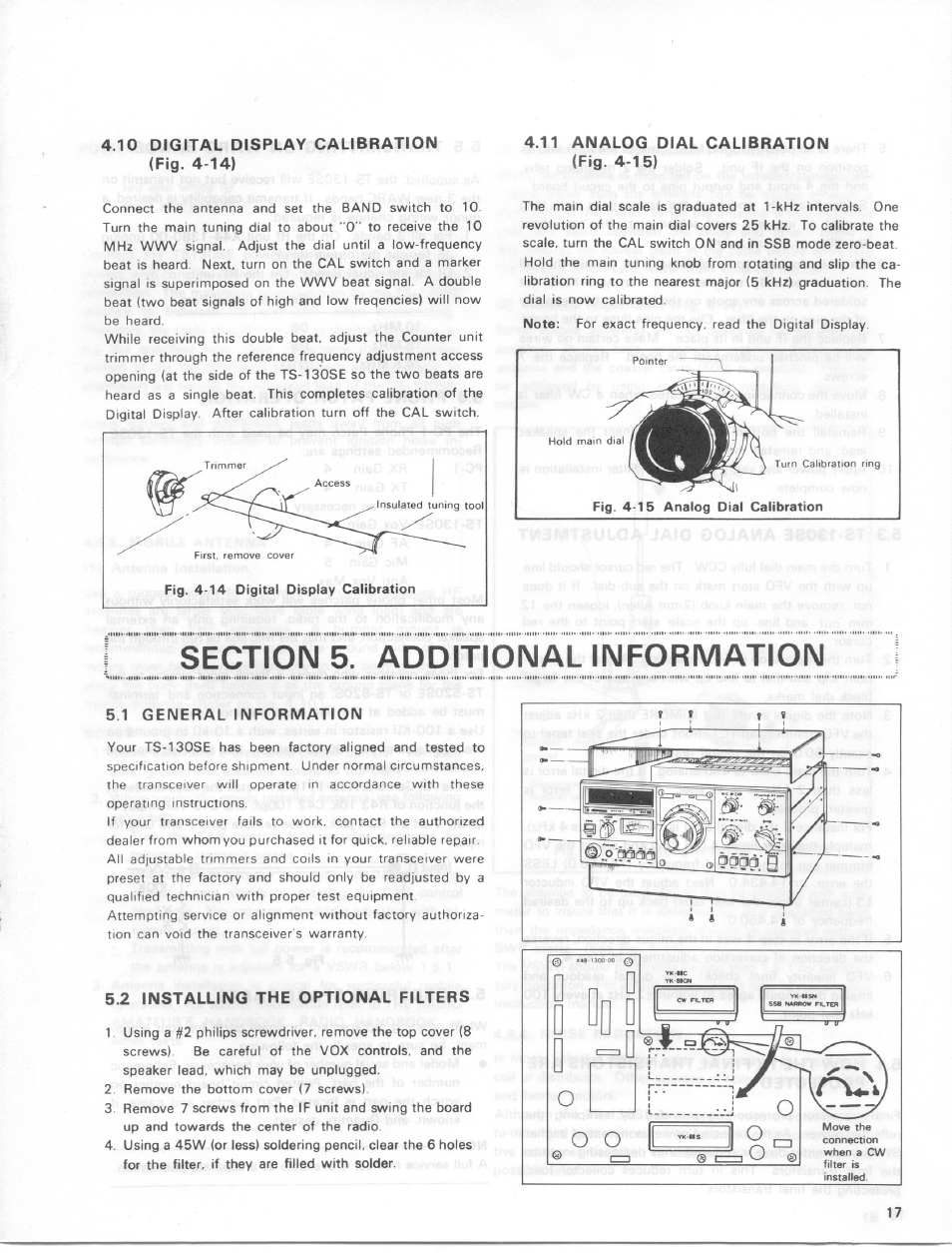 10 digital display calibration (fig. 4-14), 11 analog dial calibration, Fig. 4-15) | Sections. additional information, 1 general information, 2 installing the optional filters, Digital display calibration, Analog dial calibration, Section 5. additional, Information | Kenwood TS-130SE User Manual | Page 17 / 31