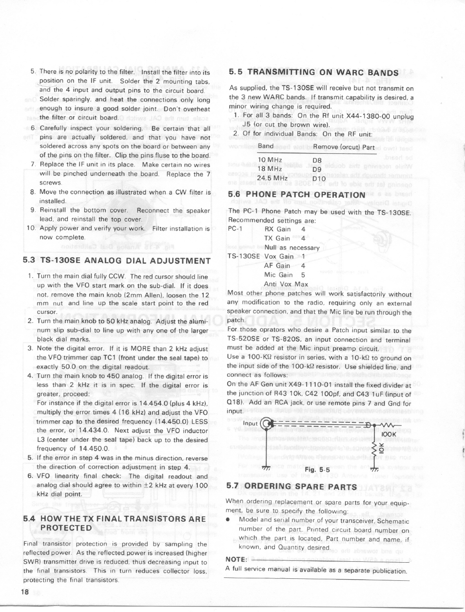 3 ts-130se analog dial adjustment, 4 howthetxfinaltransistors are protected, 5 transmitting on warc bands | 6 phone patch operation, 7 ordering spare parts | Kenwood TS-130SE User Manual | Page 18 / 31
