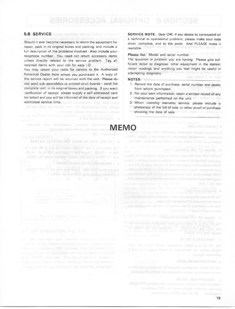 8 service, Notes, Memo | Kenwood TS-130SE User Manual | Page 19 / 31