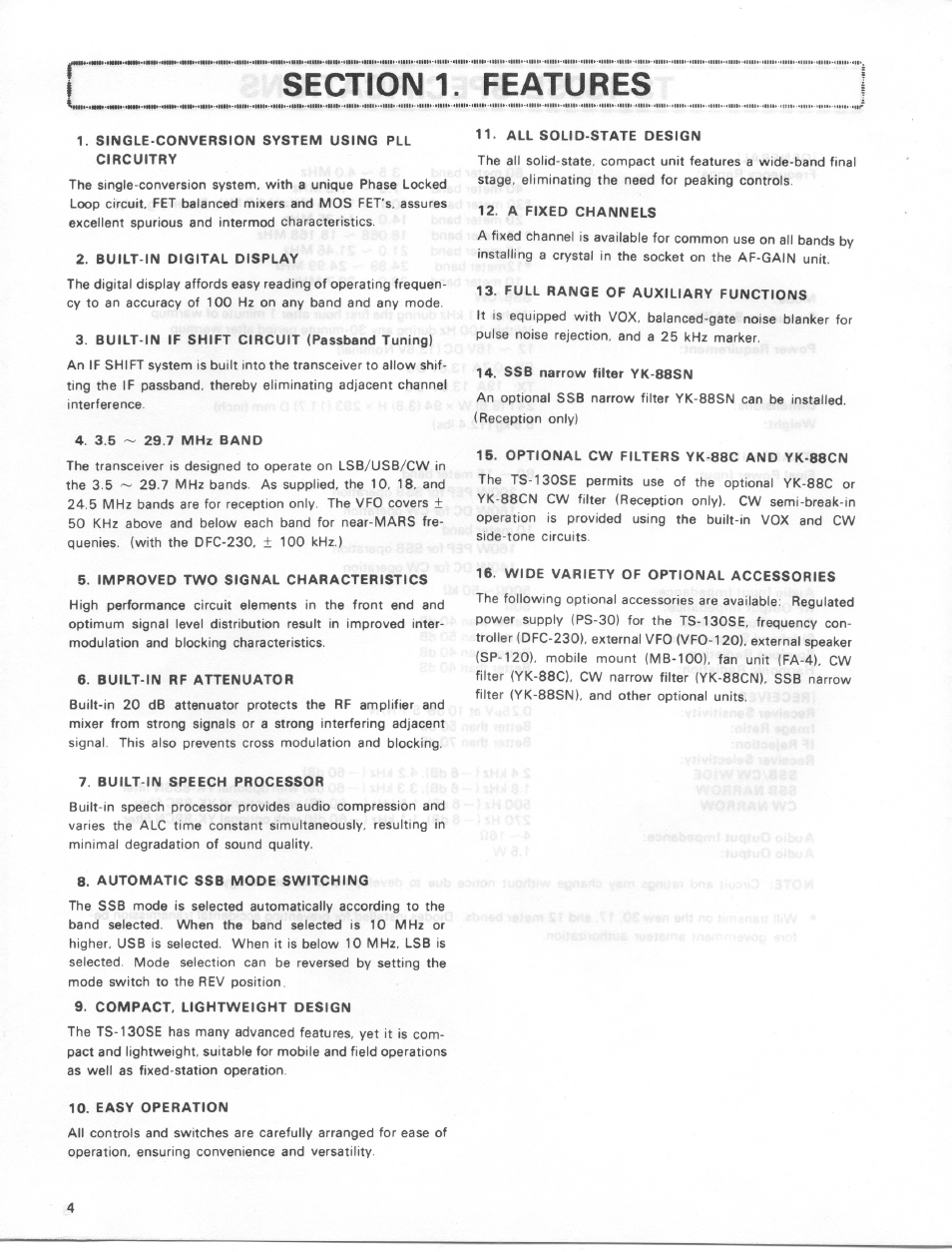 Single-conversion system using pll circuitry, Built-in digital display, Built-in if shift circuit (passband tuning) | 3.5 ~ 29.7 mhz band, Improved two signal characteristics, Built-in rf attenuator, Built-in speech processor, Automatic ssb mode switching, Compact, lightweight design, Easy operation | Kenwood TS-130SE User Manual | Page 4 / 31