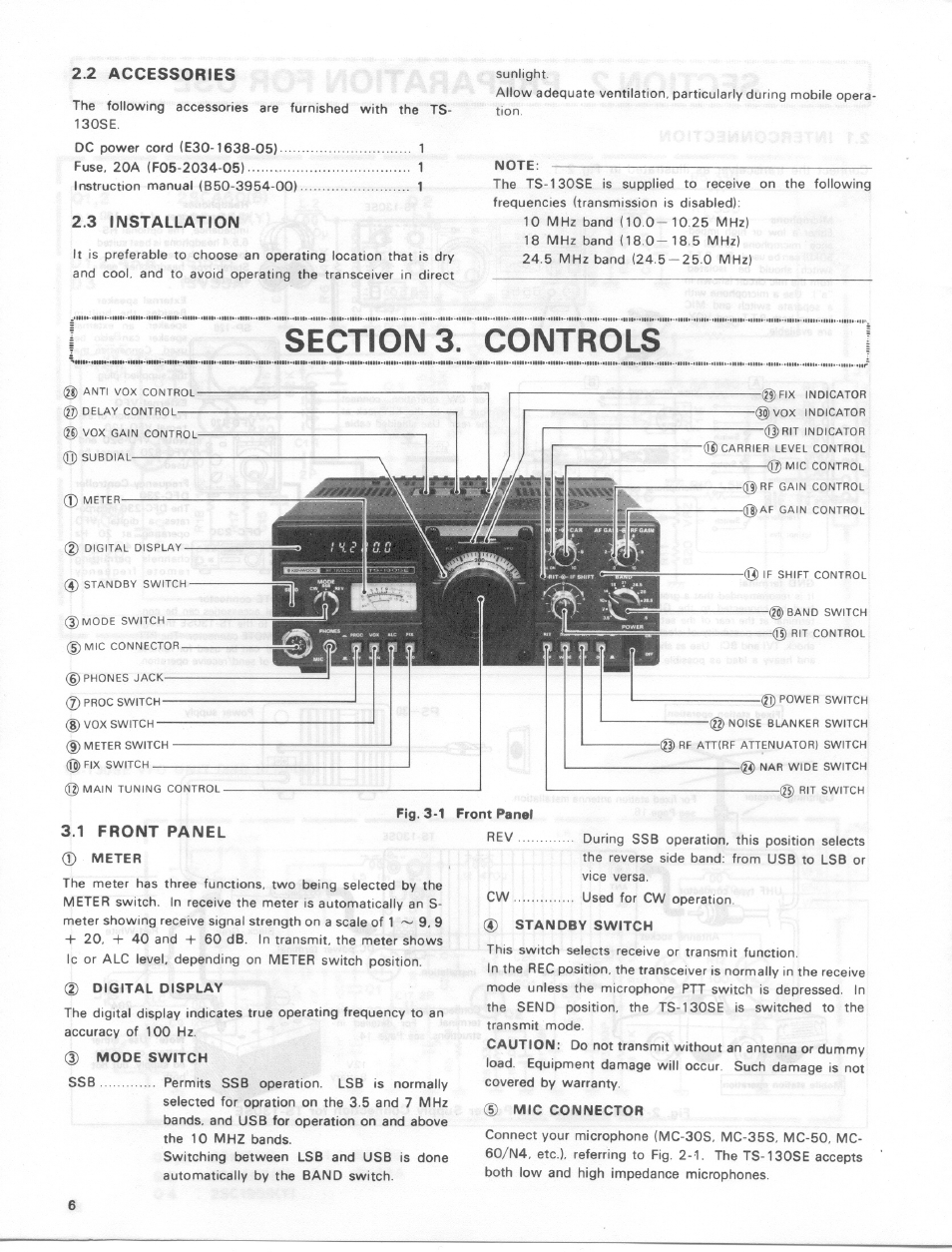 2 accessories, 3 installation, Note | Sections. controls, 1 front panel 0 meter, 0 digital display, 0 mode switch, Front panel, 0 standby switch, 0 mic connector | Kenwood TS-130SE User Manual | Page 6 / 31