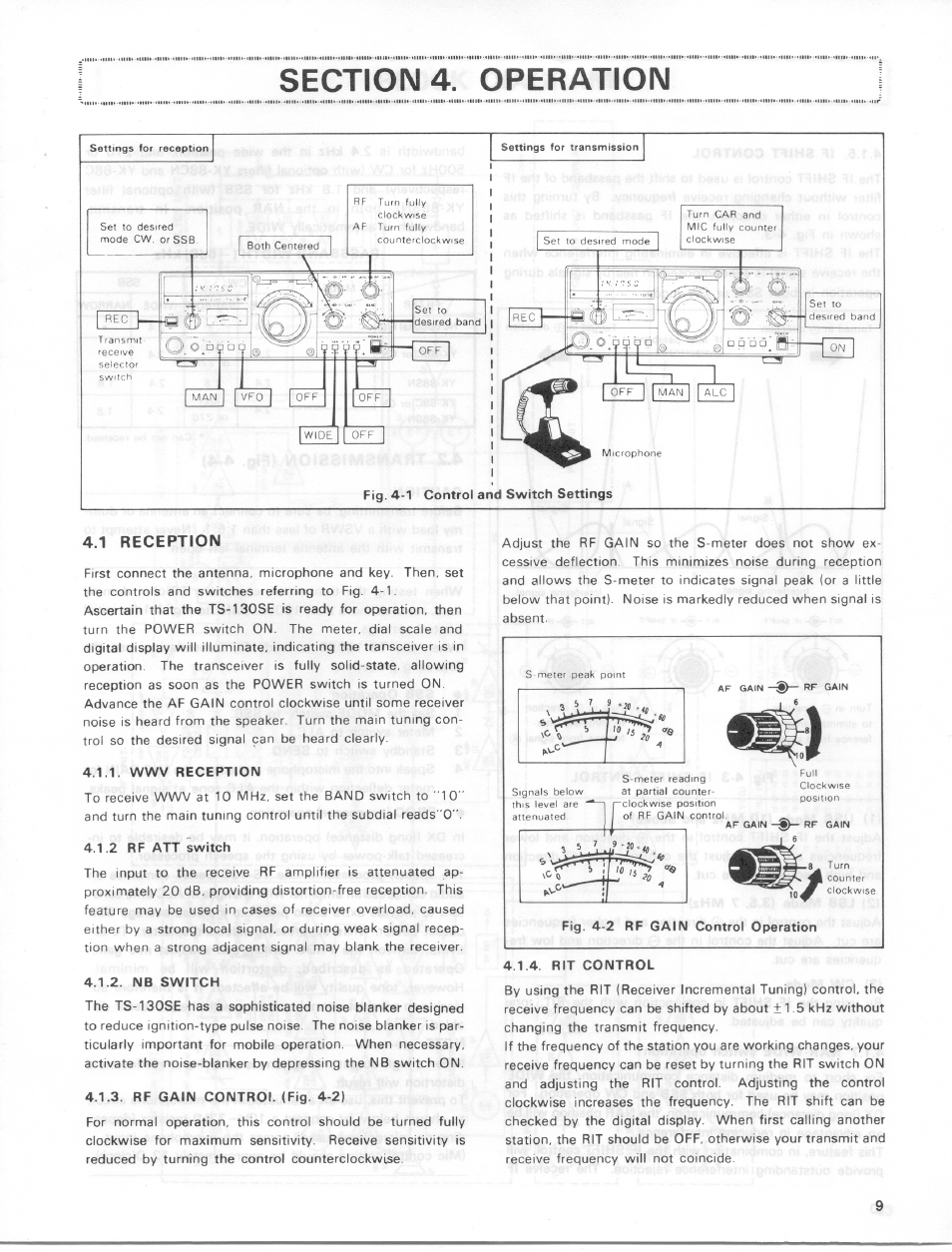 Fig. 4-1 control and switch settings, 1 reception, Wwv reception | 2 rf att switch, Nb switch, Rf gain control (fig. 4-2), Rit control, Reception | Kenwood TS-130SE User Manual | Page 9 / 31