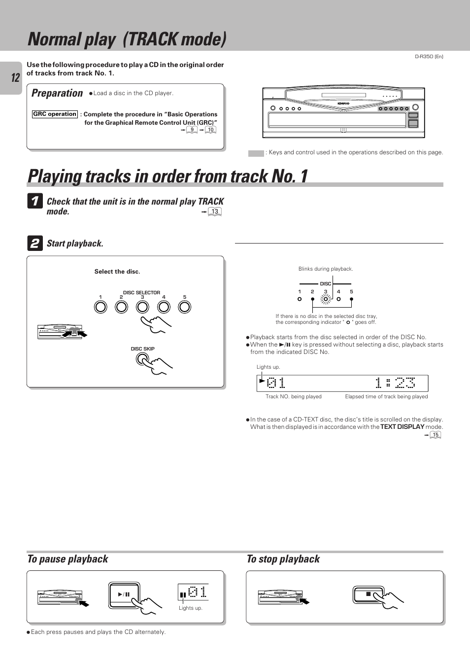 Normal play (track mode), Playing tracks in order from track no. 1, Preparation | Kenwood D-R350 User Manual | Page 12 / 28