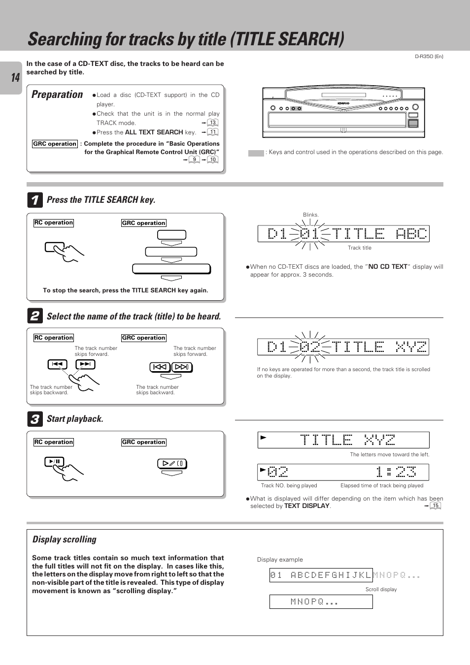 Searching for tracks by title (title search), Preparation | Kenwood D-R350 User Manual | Page 14 / 28