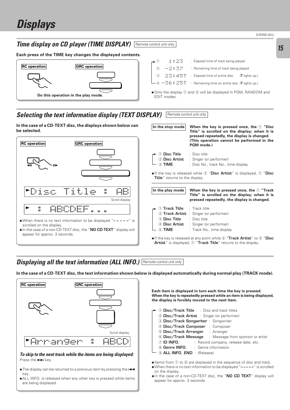 Displays, Time display on cd player (time display), Displaying all the text information (all info.) | Kenwood D-R350 User Manual | Page 15 / 28