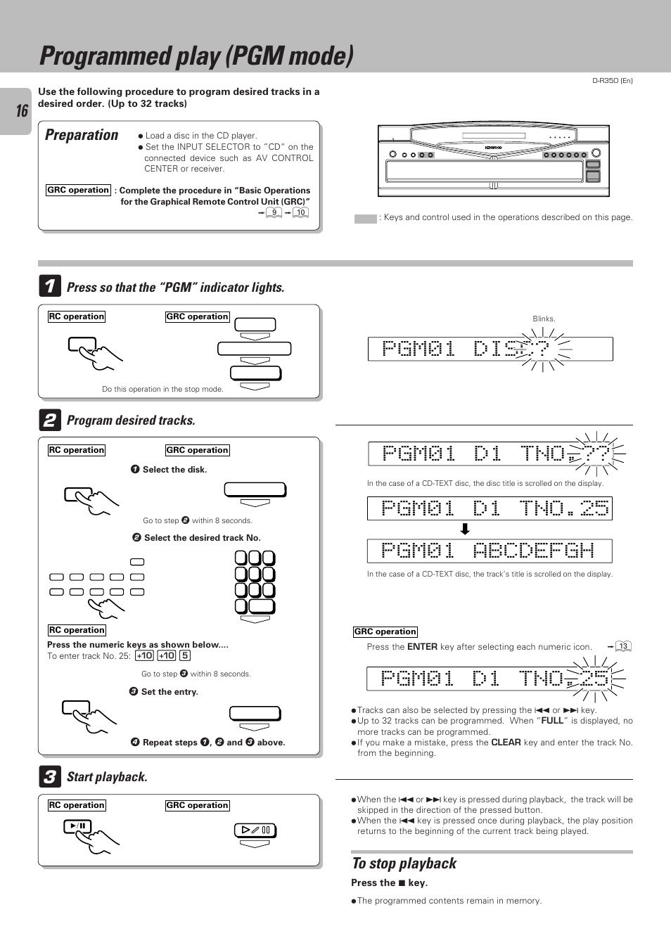 Programmed play (pgm mode), Gp 0 m 1 i d c s, Preparation | Kenwood D-R350 User Manual | Page 16 / 28