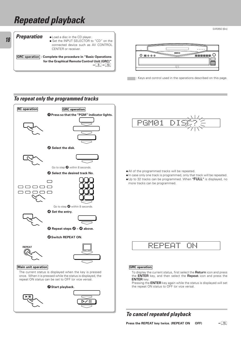 Repeated playback, To repeat only the programmed tracks, Gp 0 m 1 i d c s | Kenwood D-R350 User Manual | Page 18 / 28