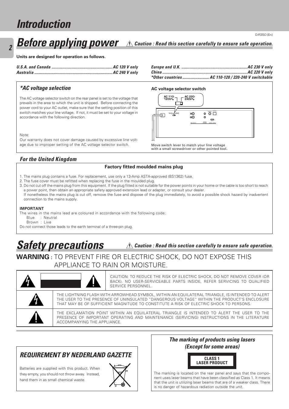 Introduction, Before applying power, Safety precautions | Requirement by nederland gazette, Warning, Ac voltage selection, For the united kingdom | Kenwood D-R350 User Manual | Page 2 / 28