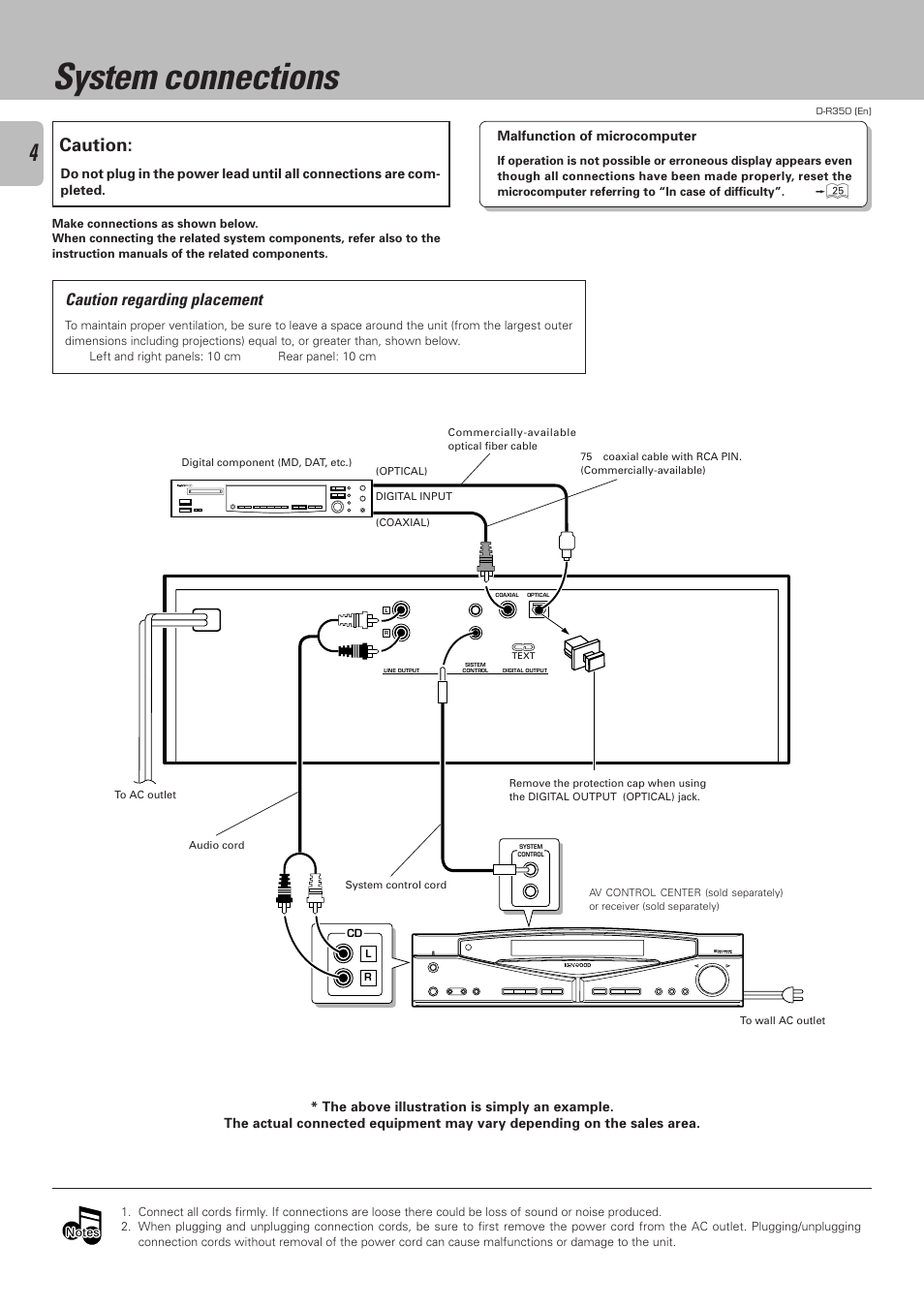 System connections, Caution, Caution regarding placement | Kenwood D-R350 User Manual | Page 4 / 28