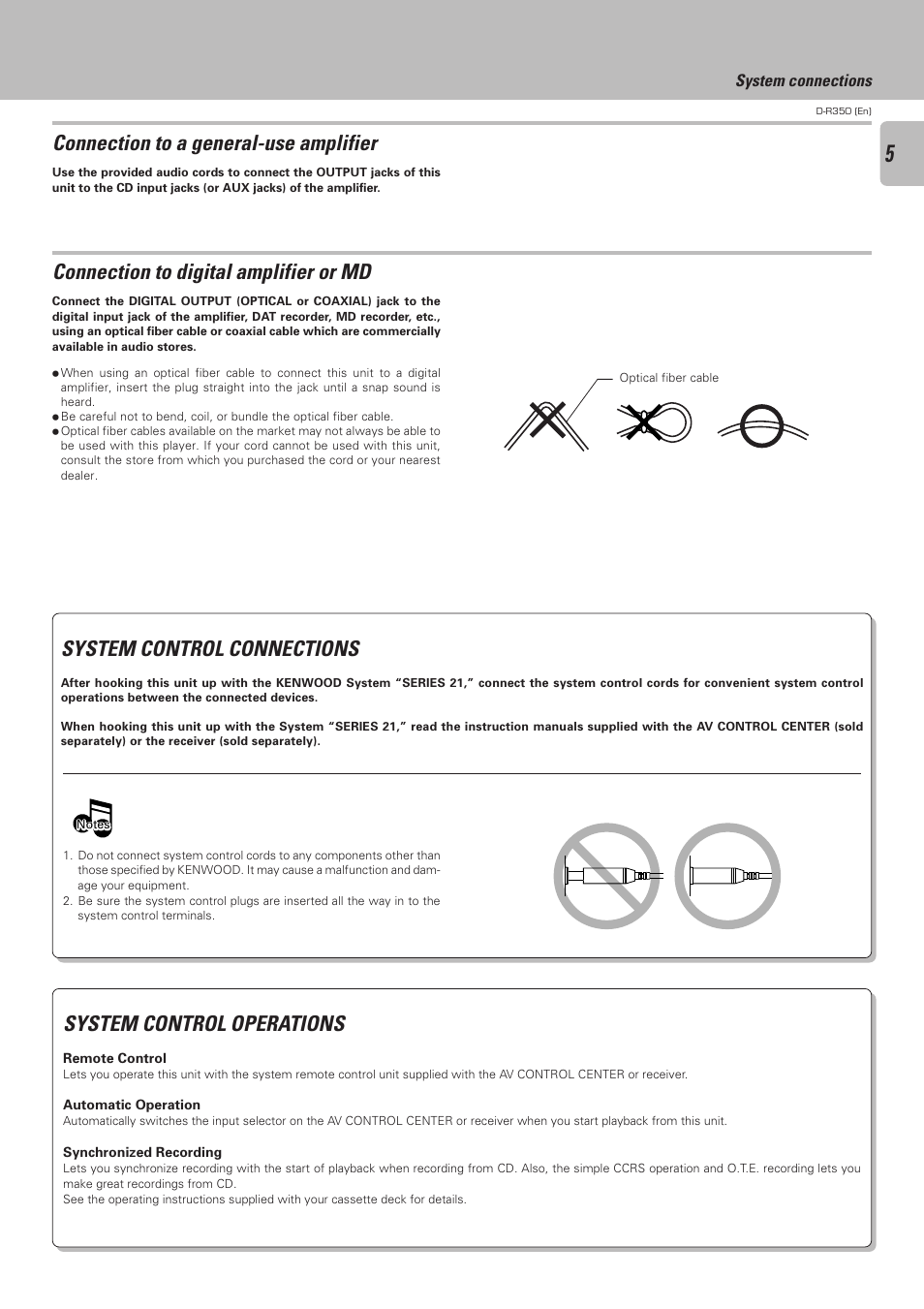 Connection to a general-use amplifier, Connection to digital amplifier or md, System control operations | System control connections | Kenwood D-R350 User Manual | Page 5 / 28