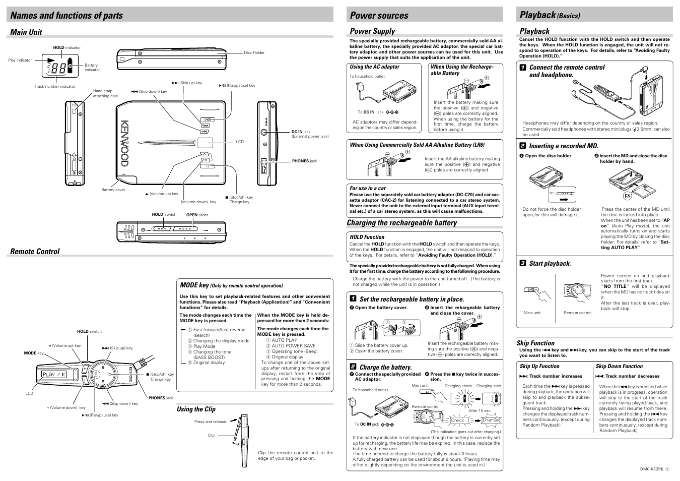 Portable md player dmc-k3 hold, Dc in 4 - 5 . 1v ph on es op en ho ld, Ble md player dmc-k3 hold | Names and functions of parts, Power sources, Playback | Kenwood DMC-K3 User Manual | Page 2 / 4