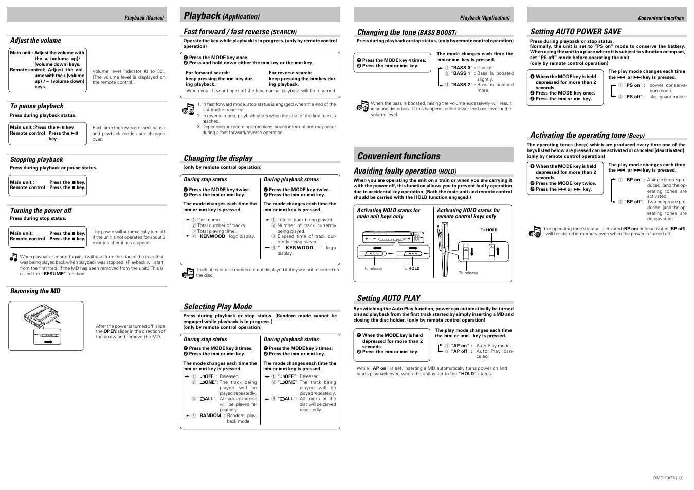 Dc in 4 - 5 . 1v ph ones open ho ld, Open hold, Playback | Convenient functions, Selecting play mode, Changing the tone, Fast forward / fast reverse, Setting auto play changing the display, Avoiding faulty operation, Activating the operating tone | Kenwood DMC-K3 User Manual | Page 3 / 4