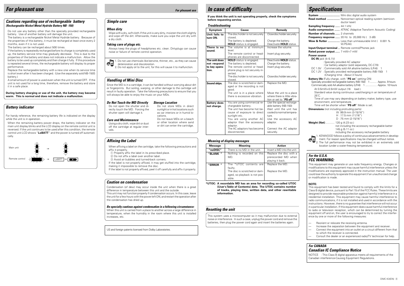 For pleasant use, Specifications | Kenwood DMC-K3 User Manual | Page 4 / 4