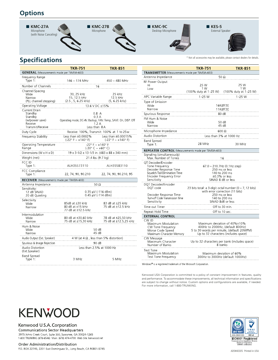 Specifications options | Kenwood TKR-851 User Manual | Page 2 / 2