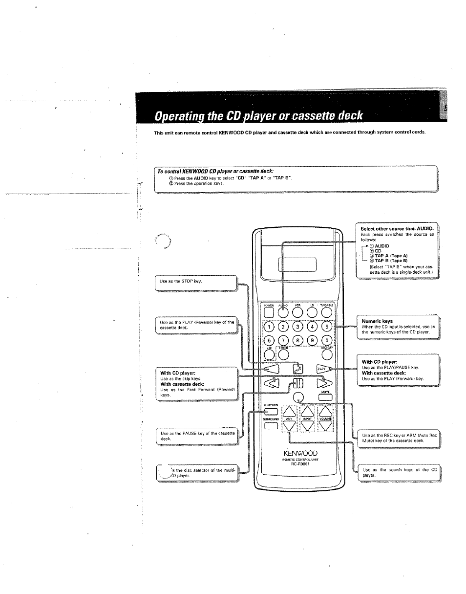 Operating the €d player or cassette deck, Operating the cd player or cassette deck | Kenwood RC-R0801 User Manual | Page 5 / 16